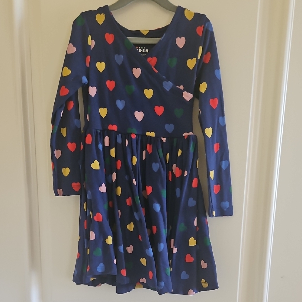 Mini Boden Navy Dress with Colorful Hearts